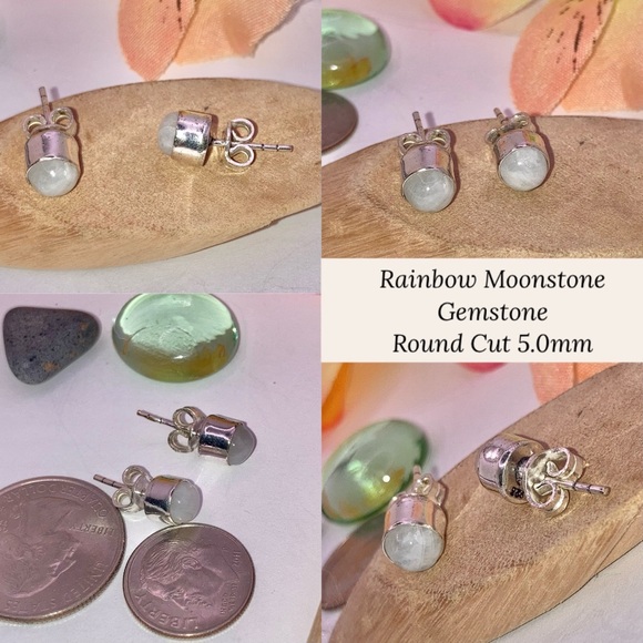 Super Cute 0.5ct Rainbow Moonstone Gemstone Handmade Stud Earrings - Picture 3 of 3